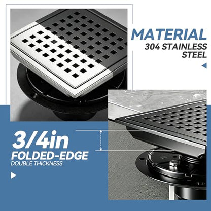 Square Shower Floor Drain, Matte Black Finish, Grid Pattern Strainer Cover (Black, Grate) - color: Black