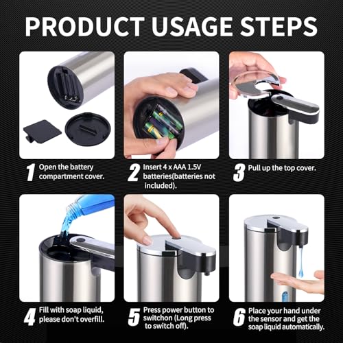 Automatic Soap Dispenser, Automatic Soap Dispenser Touchless, Kitchen & Bathroom, 3 Adjustable Volume for Liquid Soap, Water-Resistant, Hotel, Restaurant and School, Clog-Free, Stainless Steel
