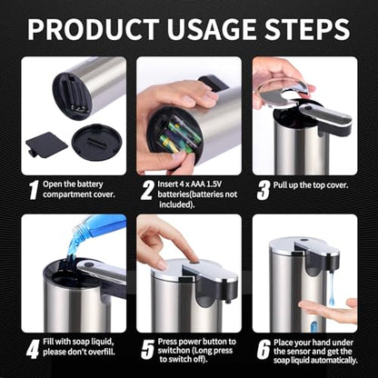 Automatic Soap Dispenser, Automatic Soap Dispenser Touchless, Kitchen & Bathroom, 3 Adjustable Volume for Liquid Soap, Water-Resistant, Hotel, Restaurant and School, Clog-Free, Stainless Steel