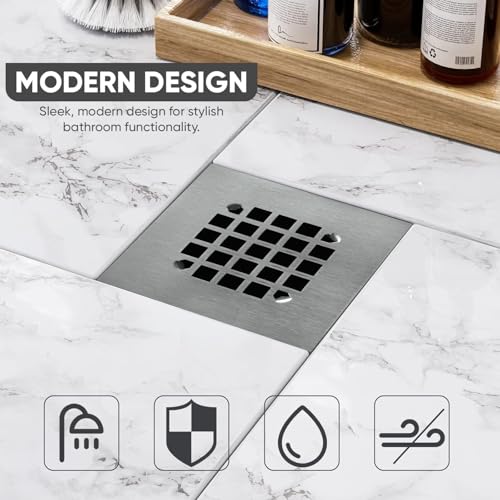 4-1/4” Square Snap-in Brushed Nickel Shower Drain - Stainless Steel Replacement - 4.25 inch Durable Floor Cover -Snap-in - Easy Installation Universal Grate Strainer - color: Brushed Stainless Steel