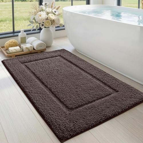 DEXI Bath Mat 43x24, Absorbent and Non Slip Bathroom Rugs, Brown | Soft Plush Microfiber Bathmat, Machine Washable & Quick Dry, Rubber Back Rug for Shower, Tub, Sink - color: Brown, size: 43" X 24" (Rectangular)