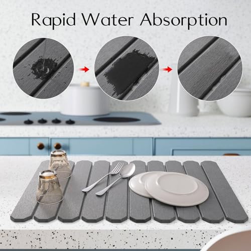 Stone Drying Mat Fast Dry Foldable Design Instant Absorption Aesthetic | Kitchen Sink Dish Drying Mats for Bathroom Home Sink Bath Shower Countertop Vanity Bathroom Home Bath Shower Countertop Van - color: Gray