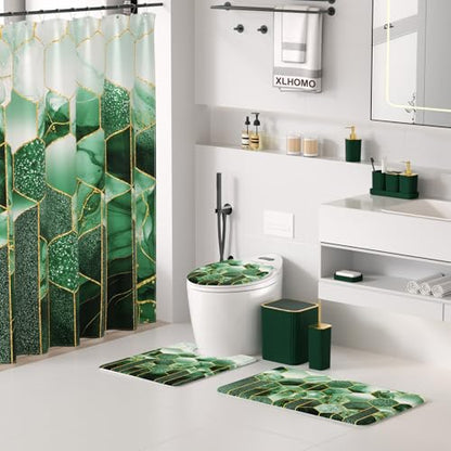 XLHOMO Bathroom Set - 26PC Bathroom Set with Shower Curtain and Rugs, Bathroom Accessory Set, Dark Green Bathroom Accessories Set, Trash Can & Soap Dispenser - style: Dark Green&Gold