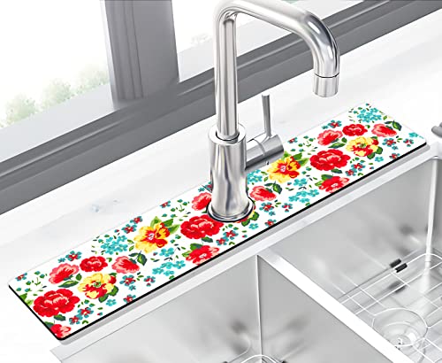 Kitchen Sink Splash Guard Faucet Mat Super Absorbent Fast Drying Mat Sink Gadgets Splash Guard Behind Faucet Drip Catcher for Kitchen (Beautiful Flower, 23.5x5.5in) - color: Beautiful Flower, size: 5.5" x 23.5"
