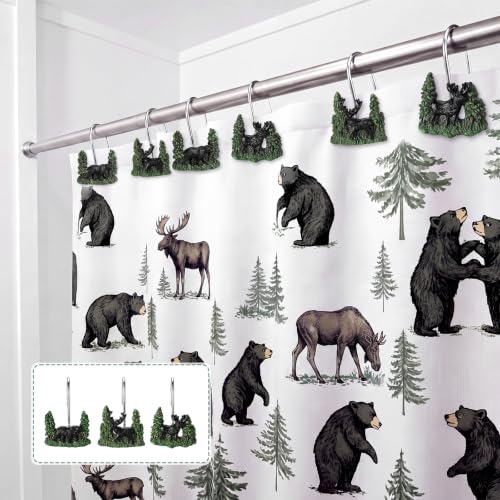 Roowest 12 Pcs Farmhouse Forest Shower Curtain Hooks Western Wildlife Bear Deer Moose Shower Curtain Hooks Stainless Steel Rust Resistant Rings Hangers for Farmhouse Cabin Winter Rustic Bathroom Decor - style: Forest