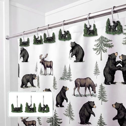 Roowest 12 Pcs Farmhouse Forest Shower Curtain Hooks Western Wildlife Bear Deer Moose Shower Curtain Hooks Stainless Steel Rust Resistant Rings Hangers for Farmhouse Cabin Winter Rustic Bathroom Decor - style: Forest