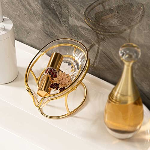 Self Draining Soap Holder Clear Plastic Soap Dish Soap Tray with Gold Iron Frame for Home Bathroom Shower Kitchen, 1 Piece