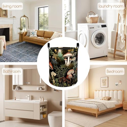Forest Mushroom Laundry Basket, Flower Design Foldable Oxford Cloth, Waterproof Dirty Clothes Hamper with Handles, Clothing Storage Bucket Toy Organizer for Bathroom Bedroom Dorm, 19.7"x15.7" - style: Mushroom 02