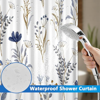 Watercolor Blue Floral Shower Curtains for Bathroom, No Hook Shower Curtain with Snap in Liner and Sheer Top Window, Double Layers Waterproof Fabric Bathroom Shower Curtain Sets with Weighted Hem - color: Blue Wildflower