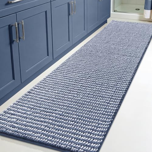 Luxury Chenille Bathroom Rugs Non Slip 60" x24", Extra Soft Absorbent Striped Bath Mats for Bathroom, Machine Washable Quick Dry Shower Floor Rug, Home Decor Accessories, Blue & White - color: Blue & White, size: 2' x 5' (Runner)