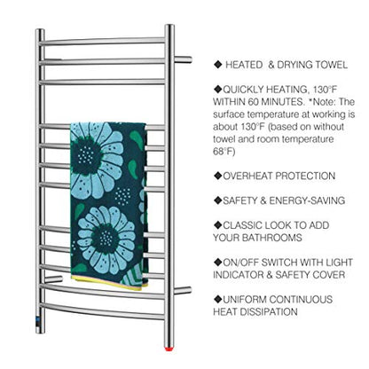 12-Bar Curved Towel Warmer, Heated Towel Rack with Timer, Brushed | 12 Curved Heating Bars, Timer And Temperature Control, 160W Power, Wall-Mounted Design, Plug-In Or Hardwired Installation - color: Brushed