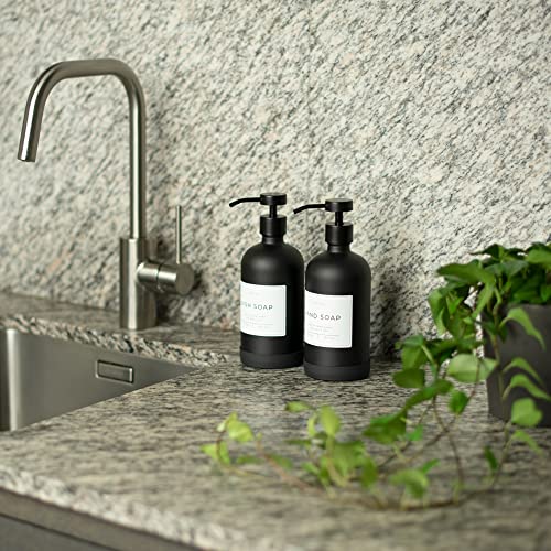 Hand and Dish Soap Dispenser for Kitchen and Bathroom, Set of 2 16 Oz Glass Bottles, Stainless Steel Pumps, Non-Slip Silicone Base, 27 Waterproof Labels (Matte Black Bottle/Black Pump) - color: Matte Black Bottle / Black Pump