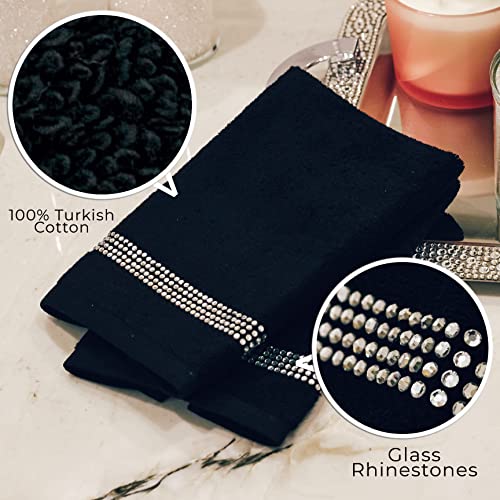 Stripe Fingertip Towel (Set of 2), 100% Turkish Cotton, Glass Rhinestones, 13", Machine Washable, Taupe - color: Taupe