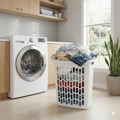 Bushel Laundry Hamper, Slim Rectangular Ventilated Plastic Clothes Basket, Heavy Duty Washing Bin With Reinforced Handles for Bathroom, Dorm, and Closet Organization, White, 1 Pack