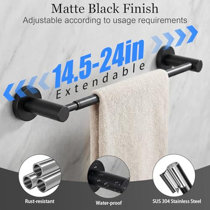 Tudoccy 10-Piece Matte Black Bathroom Hardware Set, Adjustable Bar | SUS304 stainless steel wall-mounted towel bar adjusts 14.5 to 24 inches for flexible bathroom install - color: Black, size: Adjustable 14.5-24 Inch 10 pcs