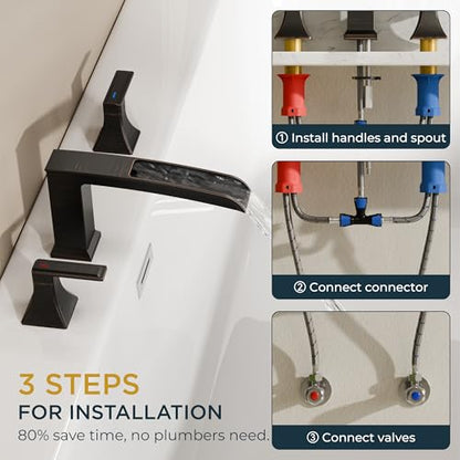 FORIOUS Roman Bathtub Faucet 3 Hole Deck Mount with 2 Handle Bronze | Tub Faucet for 3-Hole Set, 6-12" Centered Distance, Widespread Garden Bath Tub, Waterfall Spout, High Flow, Brass - color: Oil Rubbed Bronze