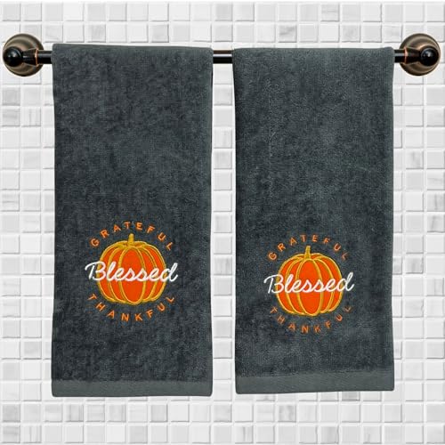 Serafina Home Harvest Fall Hand Towels for Bathroom: Plush Gray Grey Embroidered Grateful Thankful Blessed Orange Pumpkin Design for Bath, 100% Cotton, 16" x 25" Inches, Oeko-TEX Certified - color: Grateful