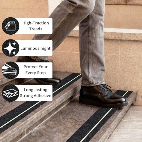 Glow in Dark Anti Slip Tape, 4" x50FT Heavy Duty Waterproof Safety Grip Tape for Stairs, Pool, Bathroom - Black & Glow Stripe Indoor/Outdoor Multi-Purpose Traction Tape - size: 4IN x 50FT