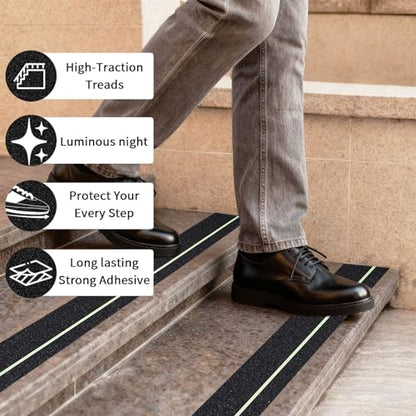 Glow in Dark Anti Slip Tape, 4" x50FT Heavy Duty Waterproof Safety Grip Tape for Stairs, Pool, Bathroom - Black & Glow Stripe Indoor/Outdoor Multi-Purpose Traction Tape - size: 4IN x 50FT