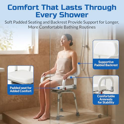 Swival Shower Chair with Padded seat for Inside ShowerFor Senior, Bath Seat | Sit Securely While Bathing - White, padded seat, padded armrests, swivel seat, tool-free assembly, 600 lb