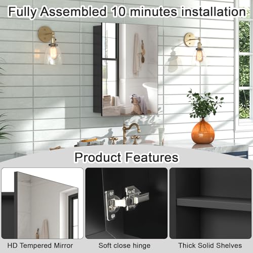 18x14 Inch Bathroom Medicine Cabinet with Mirror, Pre-Assembled Bathroom Medicine Cabinets, Surface/Recessed Wall Mounted Farmhouse Large Medicine Cabinet, Black - color: Black, size: 14 x 18