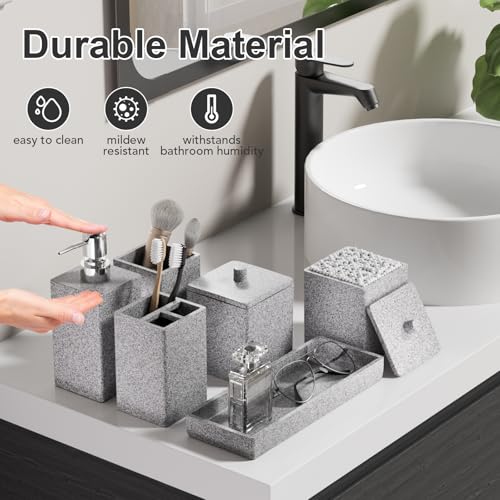 Gray Bathroom Accessories Set Resin 6PCS, Square Toothbrush Holders Set Complete with Soap Dispenser, Vanity Tray, Tumbler, Cups and Cotton Swab Jars for Counter, Sink or Small Spaces - color: Gray
