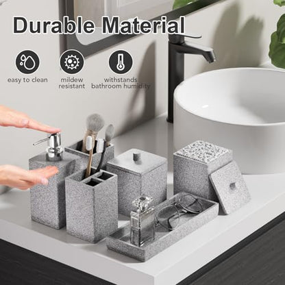 Gray Bathroom Accessories Set Resin 6PCS, Square Toothbrush Holders Set Complete with Soap Dispenser, Vanity Tray, Tumbler, Cups and Cotton Swab Jars for Counter, Sink or Small Spaces - color: Gray