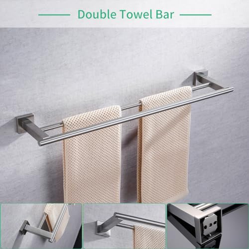 Miyili Bathroom Accessories Set 4-Piece Bath Hardware Kit Brushed Stainless Steel Wall Mount - Includes Double Towel Bar, Hand Towel Rack, Toilet Paper Holder, Robe Hook, BS02N4 - color: Brushed Steel