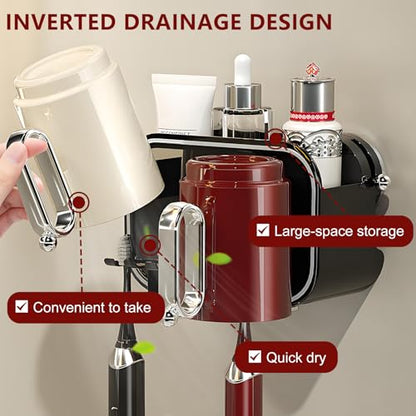 Strong Suction Wall Mount Toothbrush Holder with 2 Cups- No Drill Bathroom Organizer, Large Capacity & Hygienic Quick Drying Design - color: Black-2 Cups