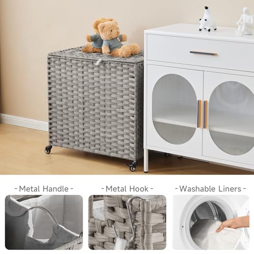 Laundry Hamper with Wheels, 39.6 Gallon(150L) Rolling Laundry Basket with Lid, Removable Large 2 Color Liners & 3 Mesh Laundry Bags, Clothes Hamper with Side Pocket, Grey - color: Grey, size: 23.62"L x 15.75"W x 25.6"H
