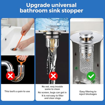 Bathroom Sink Drain Strainer, Pop-up Sink Stopper Hair Catcher with Removable 304 Stainless Steel Strainer Basket Hair Catcher, Bathroom Sink Strainer for Bathroom Sink Stopper Replacement, 2 PCS