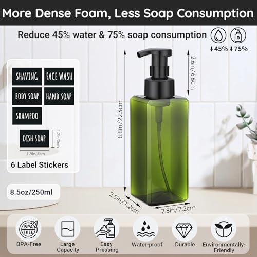 Segbeauty 22oz Empty Plastic Foam Bottle with Foaming Pump, 2pcs Refillable Bathroom Hand Soap Dispenser with Labels, 650ml Green Empty Square Kitchen Liquid Soap Container, Shampoo Pump Bottles - color: Green, style: 2pcs 22oz