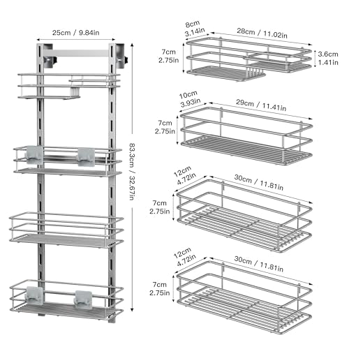 Orimade Shower Caddy Adjustable Height 4 Tier Silver,Bathroom Hanging Over the Door Organizer Shelf Rustproof with 4 Hooks,Shower Basket with Soap Holder and Suction Cup - color: Silver Grey-4T
