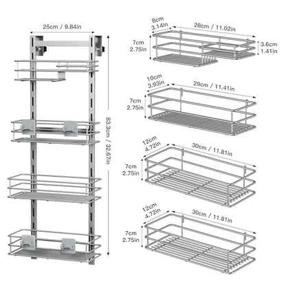 Orimade Shower Caddy Adjustable Height 4 Tier Silver,Bathroom Hanging Over the Door Organizer Shelf Rustproof with 4 Hooks,Shower Basket with Soap Holder and Suction Cup - color: Silver Grey-4T