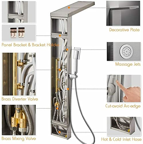 LED Light Shower Panel Tower Rainfall Waterfall Shower Head with Massager Jets Body System Jet Black B (Color : Brushed Nickel D) - color: Brushed Nickel D
