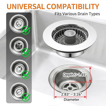 Solid Brass Body 3-in-1 Kitchen Sink Drain Strainer & Stopper, Heavy Duty Pop Up Plug Assembly with 2 Baskets, Anti-Clog Replacement for US Standard 3-1/2 Inch Drains, Rust-Proof Silver - color: Silver