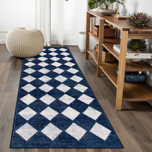 Lahome Zelie Checkered Washable Runner Rug,2x6 Rug Runners for Hallways Non Slip,Blue Kitchen Runner Rug,Moroccan Trellis Soft Low Pile Carpet Runners for Entryway Laundry Room Bathroom(2'x6',Blue) - color: Dark Blue, size: 2' x 6' (Runner)