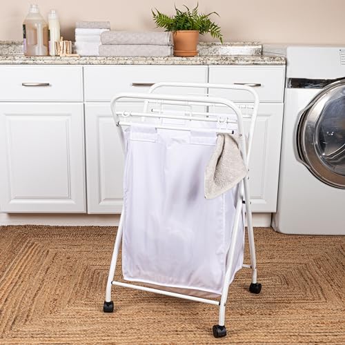 Household Essentials Rolling Laundry Hamper, Heavy Duty Canvas Bag, 2 Load Capacity, Foldable Frame, White Bag with Velcro Fasteners, White - color: White/White