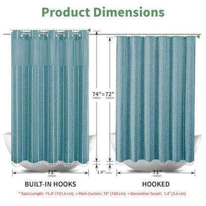 eachope Boho Farmhouse No Hook Shower Curtain Set with Snap-in Fabric Liner,Heavy-Duty Linen Textured Rustic Striped Design,Water-Repellent with Tassels and Sheer Window,Teal,71x74 - color: Teal, size: 71"W x 74"L (Pack of 1)