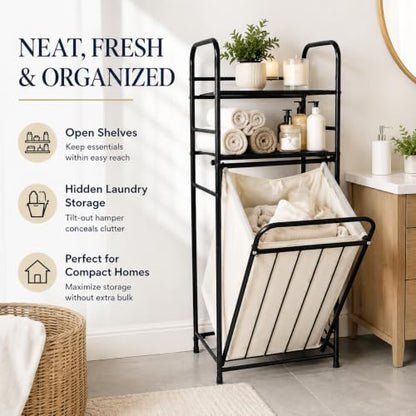Tilt Out Laundry Hamper with Shelves, 3-Tier Storage Cabinet with Removable Liner Bag, 16.9" x 13" x 39.4" Carbon Steel Frame for Bathroom, Bedroom, Laundry Room - Black