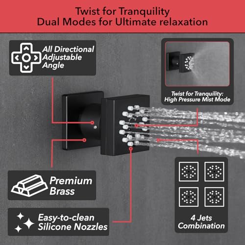 VANFOXLE Shower System, Matte Black Shower Faucet Set, Four Modes | 10 Inch Ceiling Mount Head Increased Thick, 6 Inch Second Head, 2-in-1 Handheld Combo, 4 PCS Dual Mode Body Jets, Brass Valve - color: Matte Black