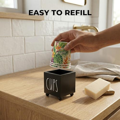 Bathroom Cup Dispenser, Farmhouse Dixie Cup Holder, 3 oz 5 oz Paper Mouthwash Cup Storage Box, Wooden Disposable Cup Caddy, Water Dispenser Cup Holder for Counter top (Black) - color: Black