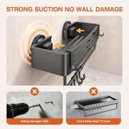 Lekesky Suction Cup Shower Caddy, No Drill Shower Shelves with a Towel Bar, Aluminum Rust Proof Bathroom Shower Organizer with 12 Hooks (2-Pack, Gunmetal Gray) - color: Gunmetal Grey1