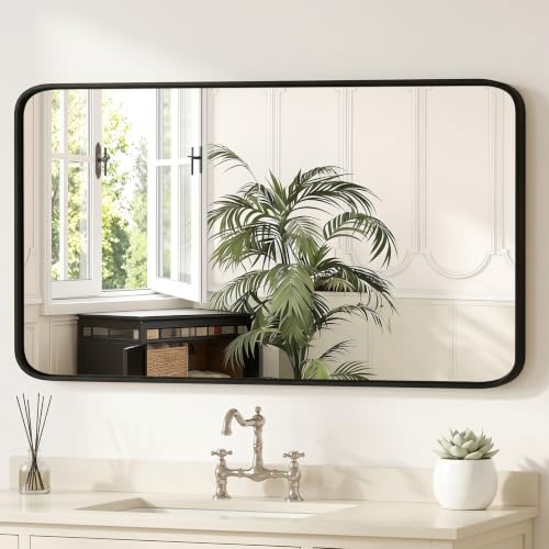 Sweetcrispy Bathroom Wall Mirror, 48x30 Inch Wall Mount Mirror for Over Sink, Modern Rounded Rectangle Vanity Mirrors with Matte Metal Framed, for Home Decor, Living Room, Bedroom, Black - color: Black-rect, size: 48"L x 30"W
