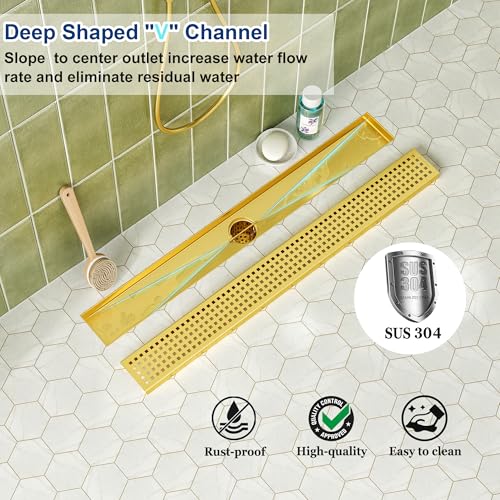 Neodrain 24" Linear Shower Drain, Gold 304 SS Bathroom Linear Drain,cUPC | Gold Shower Drain with Quadrato Grate& Adjustable Feet, Long Rectangle Shower Floor Drain in Bathroom, Balcony etc - color: Golden, size: 24 In