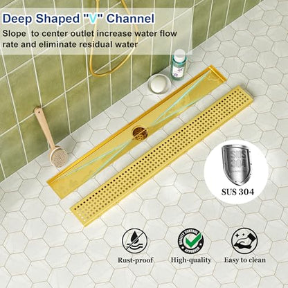 Neodrain 24" Linear Shower Drain, Gold 304 SS Bathroom Linear Drain,cUPC | Gold Shower Drain with Quadrato Grate& Adjustable Feet, Long Rectangle Shower Floor Drain in Bathroom, Balcony etc - color: Golden, size: 24 In