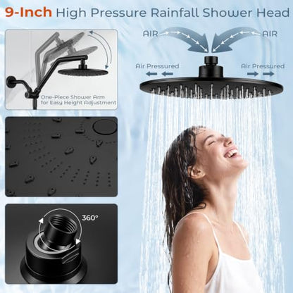 Shower Head with Handheld Combo High Pressure Black, Adjustable Bar | No drilling required, Height-Adjustable, 9-inch rainfall head, silicone slide bar, 3-waydiverter, 59-inch hose, G1/2 fit - color: 1-Black
