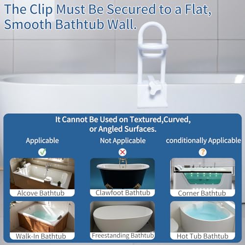 Triple Grip Adjustable Bathtub Handles for Seniors, Fits 3-Inch+ Thick Walls. Please Measure Before Purchasing Tub Grab Bars for Side of Tub, Handicap Grab Bars, Tub Handles for Elderly Balance