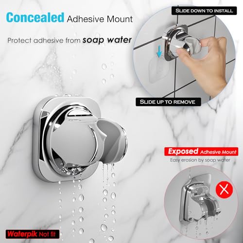 Handheld Shower Head Holder - 5 Positions Adjustable - Slide to Fit - Adhesive Mount with Screw Option, Bathroom Wall Mount Shower Hose Holder (Chrome) - color: Chrome
