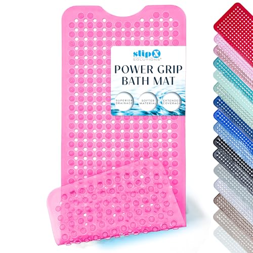 SlipX Solutions 39"x16" Power Grip Non Slip Bathtub Shower Mat, Pink | Stronger Wet Surface Protection, Soft Under Foot, 265+ Suction Cups, Large Drainage Holes - color: Clear Pink